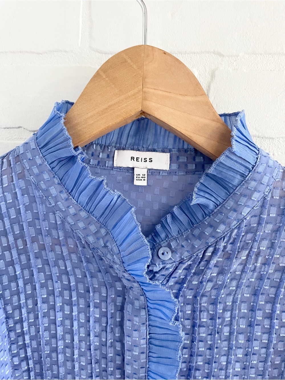 Reiss Sheer Silk Blend Ruffle Blouse Cornflower Periwinkle Blue Statement Sz 8 - Picture 4 of 16